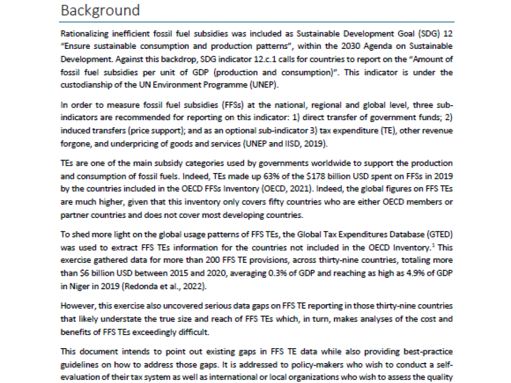 Fossil Fuel Tax Expenditures - data gaps and reporting guidelines